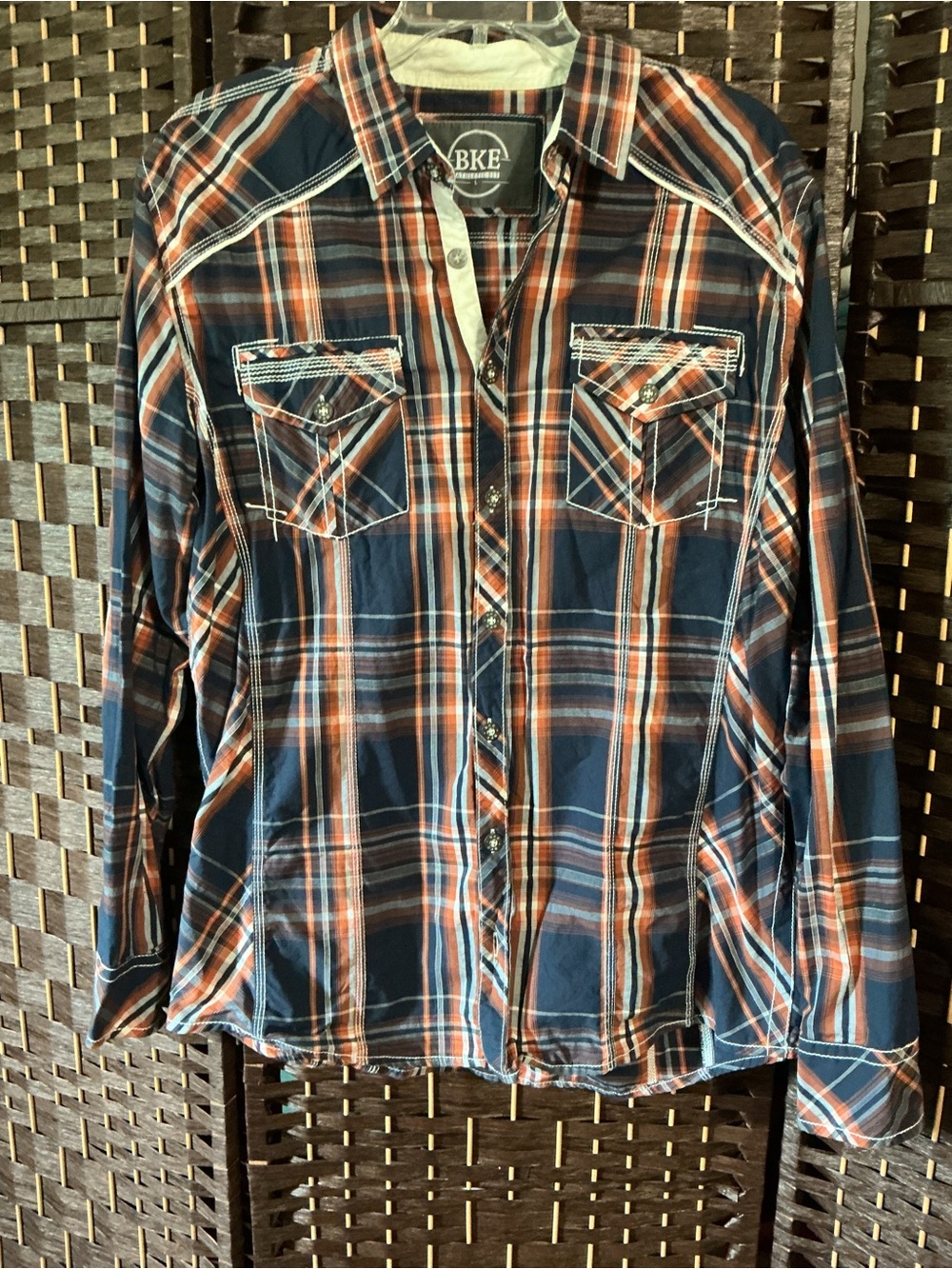 BKE Navy and Orange Plaid Western Button-Up Shirt